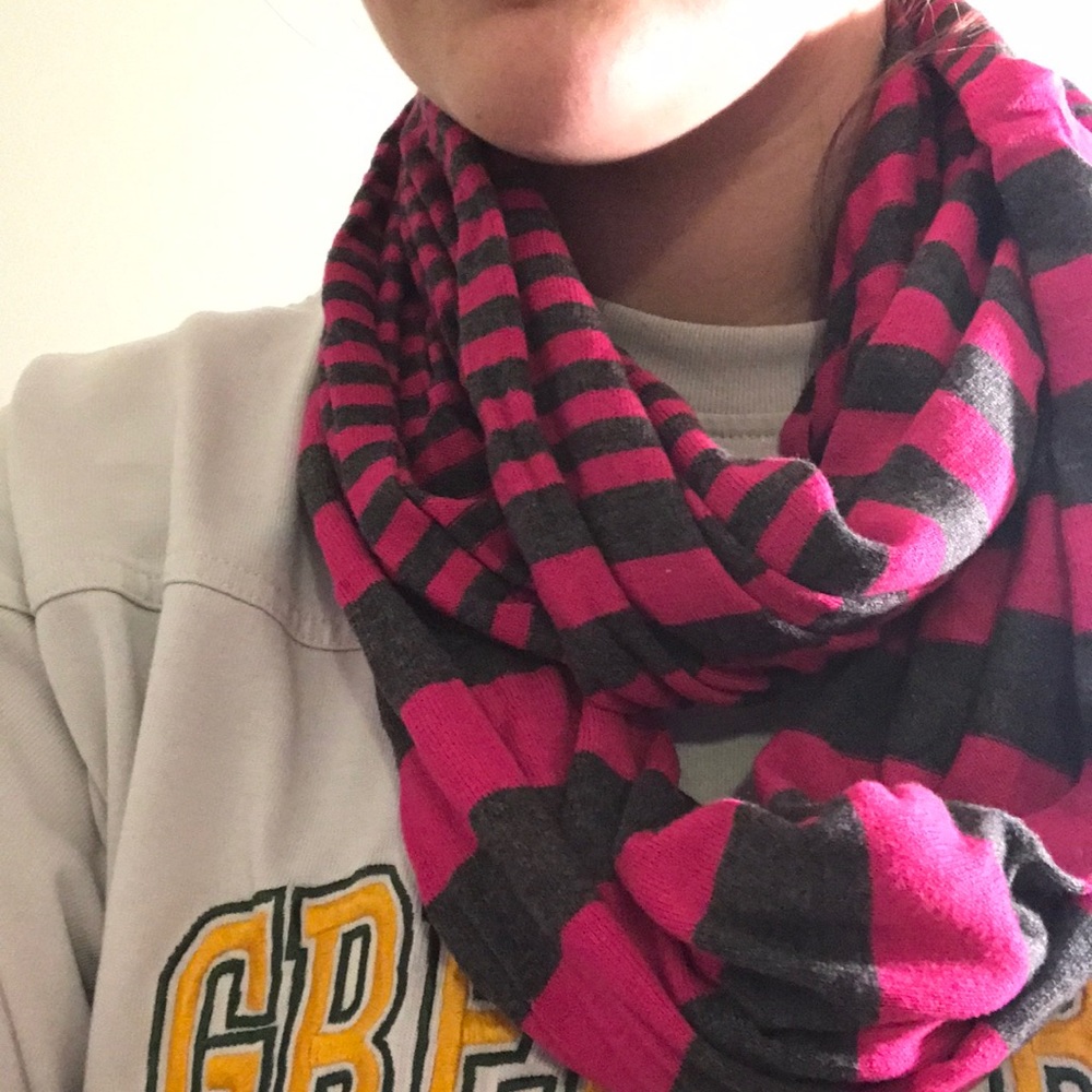 Pink and Gray Striped Infinity Scarf